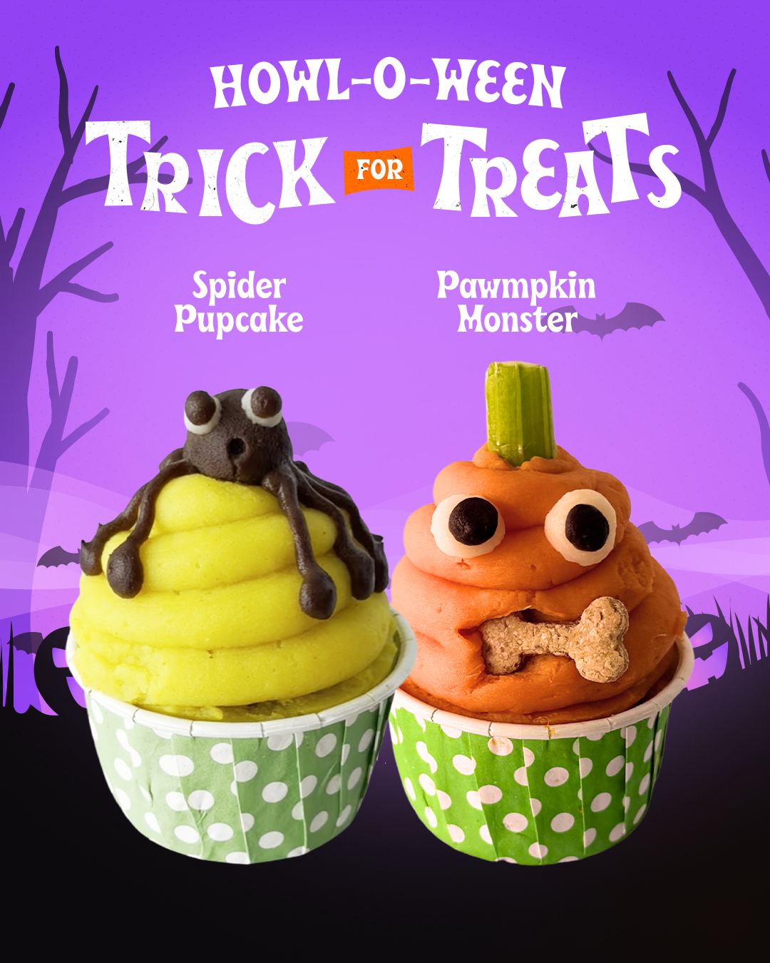 Pumpkin Monster and Spider Halloween Pupcakes side by side